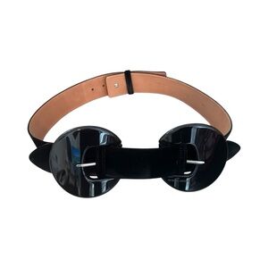 Giorgio Armani High End Black Velvet Wide Belt with Glossy Disc Buckle, Size 85